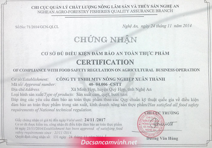 Chứng nhận Cam Vinh an toàn thực phẩm